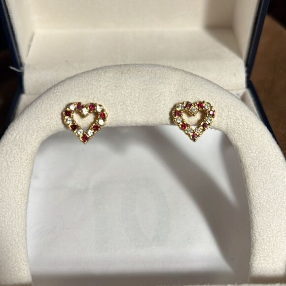 Avon heart red white crystal rhinestone heart stud post earrings - Picture 2 of 4